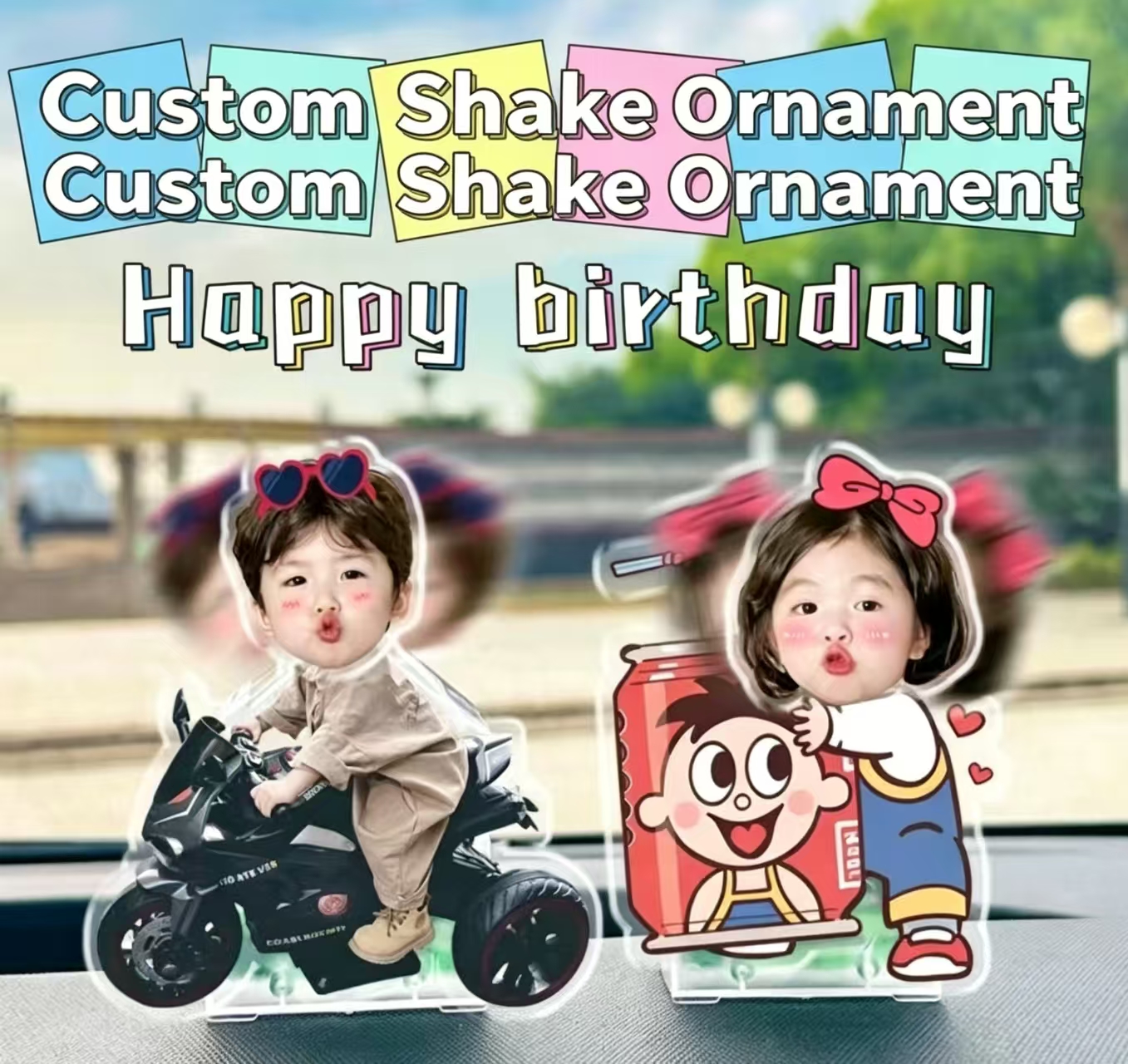 Custom Shake Bobblehead Ornament with Your Photo, Personalized Acrylic Cartoon Figure Dashboard Decor, Custom Family Kid Face Shaking Standee for Birthday Car Gift