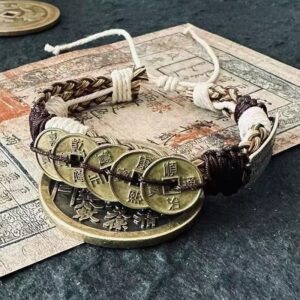 Hand-Woven Five Emperors Coin Peace Bracelet, Retro Chinese Style Fortune & Luck Ancient Coin Wristband