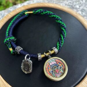 Artisan Handmade Tibetan Black Jambhala Thangka Gau Bracelet, Dual Protection Mahakala Braided Cord for Wealth & Peace