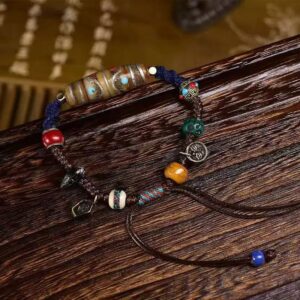 Vintage Tibetan Inlaid Water Dzi Bead Woven Bracelet