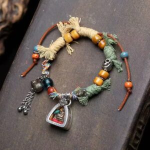 Tibetan Craftsman Handmade Gau Box Amber Tassel Bracelet, Vintage Matte Silver Impermanence Skull Prayer Wristband